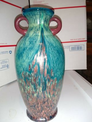 Vintage Murano Glass Vase Aqua Blue With Gold Flecks 10 " Tall