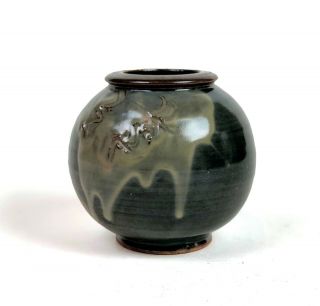 Vintage Studio Art Pottery Drip Glaze Round Vase Signed Mid Century Modern Style