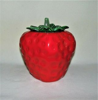 Vintage Mccoy Pottery Red Strawberry Cookie Jar With Green Stem Lid Usa 263