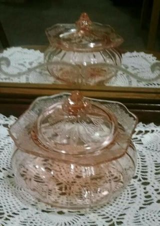 Pink Depression Glass Jeanette Adam Candy Bowl With Lid