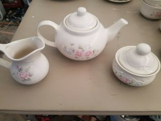 Pfaltzgraff Tea Rose Teapot With Lid,  Creamer And Sugar Bowl With Lid.