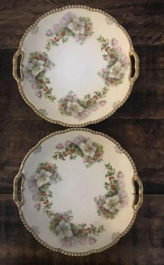 Antique Set Of 2 Porcelain Prussia Holly/berry Plates With Gold Trim And Handles