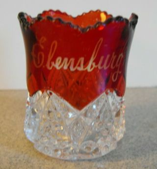 Vintage Souvenir Ruby Flash Toothpick Holder Etched Ebensburg Pa Eapg