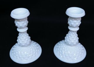 Fenton Hobnail White Milk Glass Candle Holders 5 1/2 Inches Tall.
