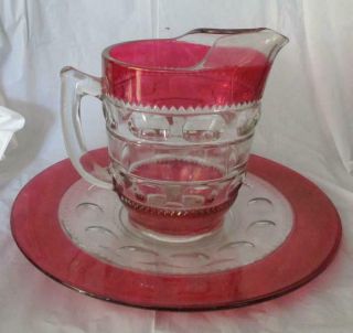 Ruby Flash Pitcher And Under Platter - Tiffin Kings Crown