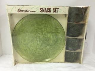 Vintage Anchor Hocking Soreno Avocado 8 Piece Snack Set Mid Century