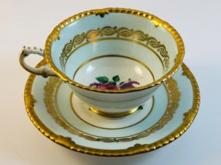 Paragon Teacup And Saucer Turquoise With Flowers And Heavy Gold Trim