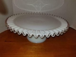 Vintage Fenton Silver Crest Milk Glass Pedestal Cake Plate Ruffled