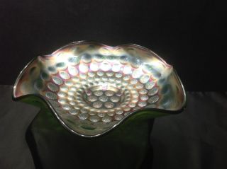 Fenton Green Carnival Glass Coin Dot Ruffled Edge Dish Bowl,  Lovely