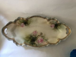 Antique R S Prussia Oval Serving Bowl Dish Pink Roses Gold Handled Scalloped