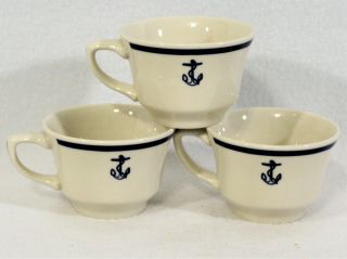 Set Of 3 Vintage Homer Laughlin China Navy Fouled Anchor Cups Blue & White