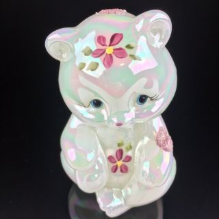 Fenton Art Glass Bear Iridescent White Teddy Bear Hearts Hand Painted Signed
