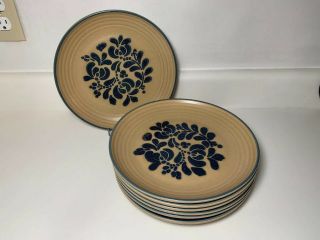 Pfaltzgraff Folk Art Dinner Plates 10” Blue Brown Set Of 7