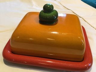 Mcm Bold Orange Lime Green Italian Red Clay Pottery Covered Butter Dish Italy