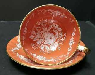 Vintage Aynsley Footed Cup And Saucer Orange With White Raised Decoration