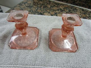 Vintage Jeannette Two Candlestick Holders Adam Pink Depression Glass