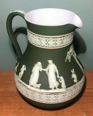 Antique Wedgwood Jasperware Dark Olive Green & White Classical Figures Pitcher