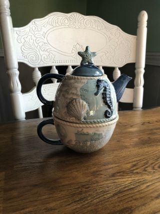 Nib Cracker Barrel Stoneware Coastal Tea For One Seahorse Teapot