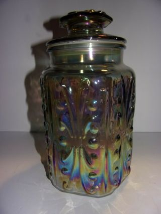 Vintage Imperial Scroll Iridescent Smoke Carnival Glass Apothecary Canister Jar