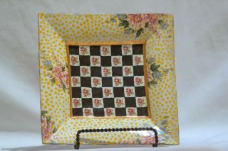 Retired Mackenzie Childs Torquay Checker Board & Rose 9 Ceramic Plate Ewb