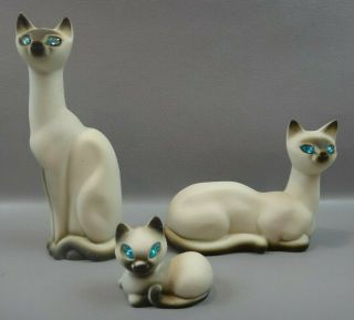 Vintage Mcm Roselane Pottery Ceramic Siamese Cat Family Blue Rhinestone Eyes