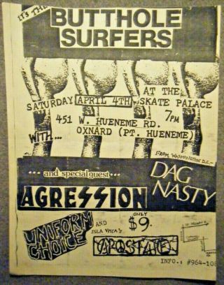 Butthole Surfers,  Dag Nasty Orig Flyer 4/ 4/ 1987 Skate Palace,  Oxnard,  Ca.  Punk