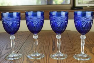 4 J.  G.  Durand Blue Antique Water Goblet Glasses - Cristal D 