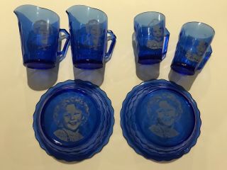 Vintage Shirley Temple Cobalt Blue Glass Set Of 6 Pitcher,  Bowl,  Cup,  Mug
