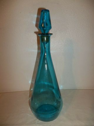Vintage Mid Century Blue Glass Decanter Genie Bottle 13.  5 " Tall
