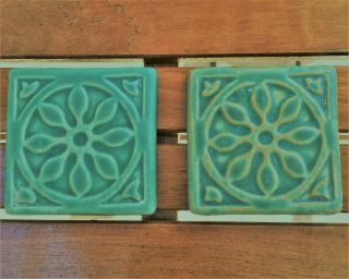 Arts & Crafts Style Historic Pewabic Pottery Flower Tiles 3 - 3/4 " X 3 - 3/4 " 2 Each