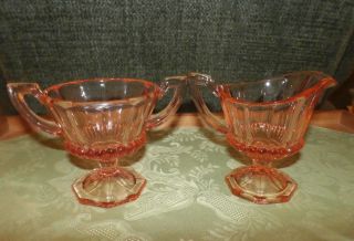 Vintage Pink Depression Glass Footed Sugar Bowl & Creamer Pitcher Set