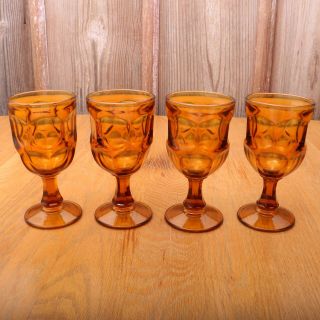 4 Vintage Amber Goblet Footed Wine Glass Thumbprint