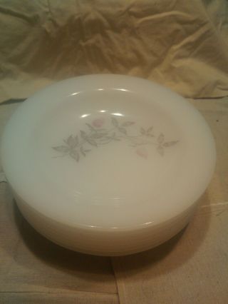 7 Vintage Federal White Milk Glass Clover Blossom Soup Bowls.