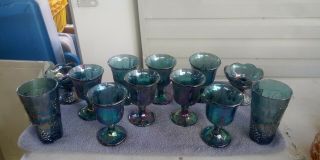 8 Indiana Glass Harvest Carnival Grape Goblets 2 Candle Holders 2 Tumblers Blue