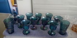 8 Indiana Glass Harvest Carnival Grape Goblets 2 Candle Holders 2 Tumblers Blue 2