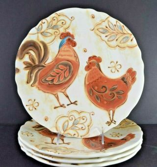 Pier 1 Dinner Plates Set Of 4 Gallo Rooster Rust Brown Blue 11 "