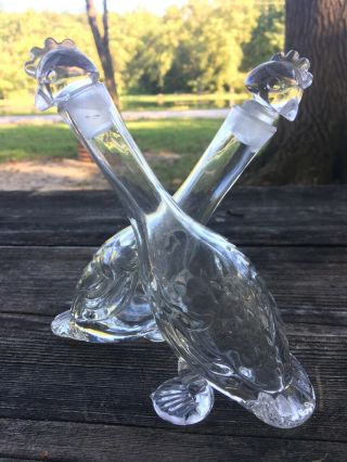 Vintage Double Neck Joined Oil & Vinegar Glass Cruet Set Chicken Bird Stoppers