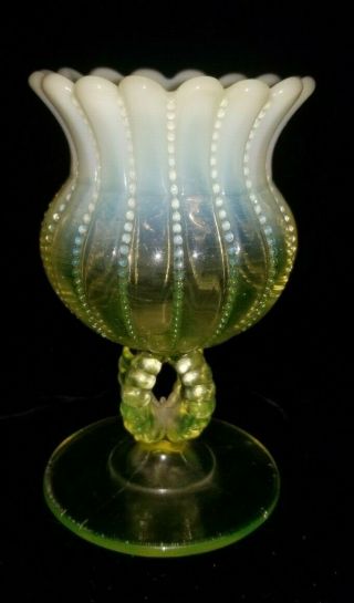 Vintage Northwood Yellow Opalescent Vaseline Glass Beaded Panel Open Os Vase
