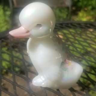 Fenton Vintage Glass Iridescent White Opal Duck Duckling Hand Painted Pink Flowe