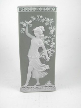 Antique Shafer & Vater Sage Green Jasperware Triangle Vase German