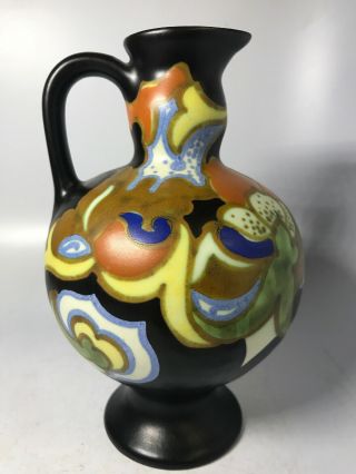Vintage Gouda Holland Art Pottery Pitcher Ewer Black Multi Colored 331