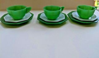 Vintage Akro Agate Childrens Tea Set Dishes Jadite & White Plates & Cups,