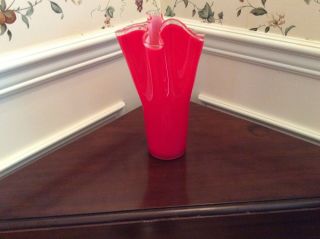 Art Glass Vase Ruffle Edge Red And Clear Hand Crafted