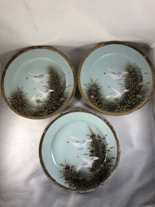 3 Rare Nippon Flying Geese 7 3/8 " Hp Plates Hand Painted Jewelled Beaded Nippon