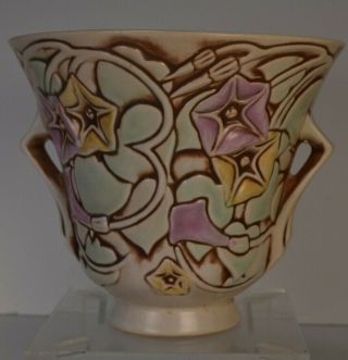 Roseville Morning Glory,  Two Handle Vase.  5 ".  Magnificent Coloring,  But A Chip.