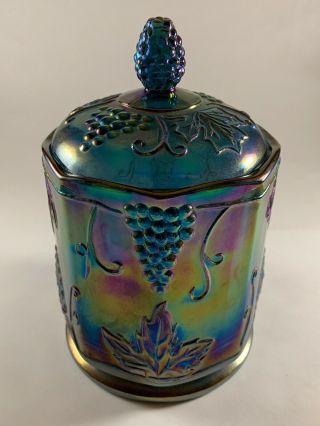 Indiana Glass Blue Carnival Harvest Grape Canister Cracker Candy Covered Jar