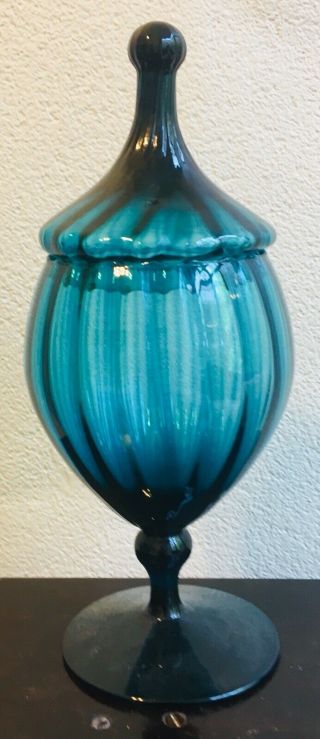 Vintage Hand Blown Glass Candy Dish With Lid - 1950’s - 11.  6” Tall Blue