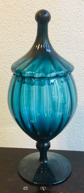 Vintage Hand Blown Glass Candy Dish With Lid - 1950’s - 11.  6” Tall Blue 3