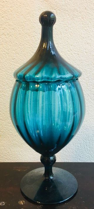 Vintage Hand Blown Glass Candy Dish With Lid - 1950’s - 11.  6” Tall Blue 5