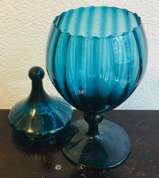 Vintage Hand Blown Glass Candy Dish With Lid - 1950’s - 11.  6” Tall Blue 8